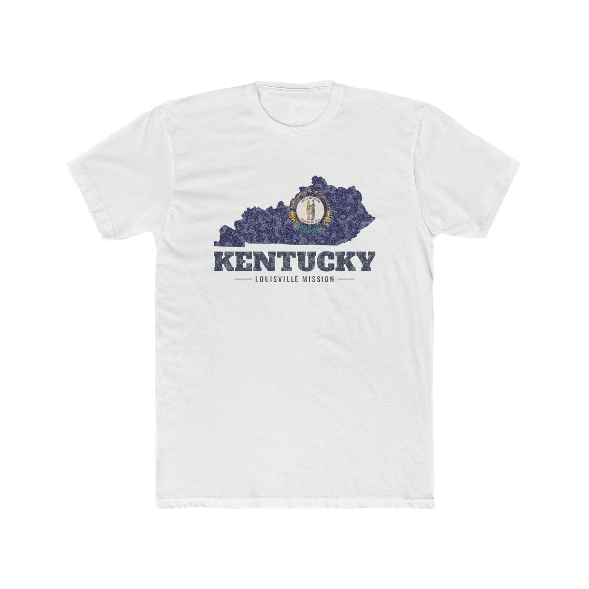 Kentucky Louisville Mission Flag Map shirt in White: Kentucky state flag in the outline of Kentucky with navy lettering, front view