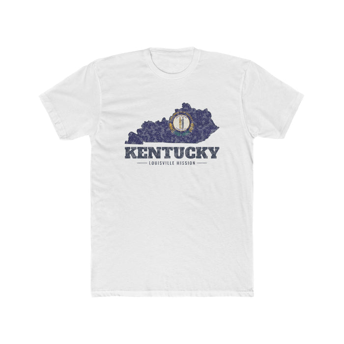 Kentucky Louisville Mission Flag Map shirt in White: Kentucky state flag in the outline of Kentucky with navy lettering, front view