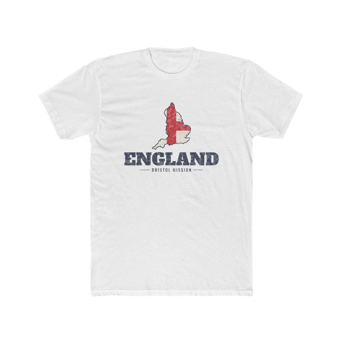 England Bristol Mission Flag Map shirt in White: flag of England in the outline of England with navy lettering, front view