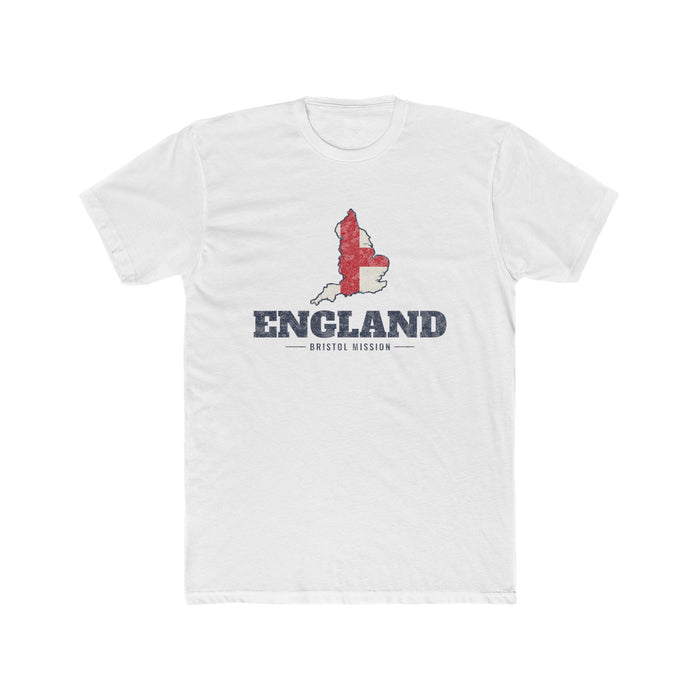 England Bristol Mission Flag Map shirt in White: flag of England in the outline of England with navy lettering, front view