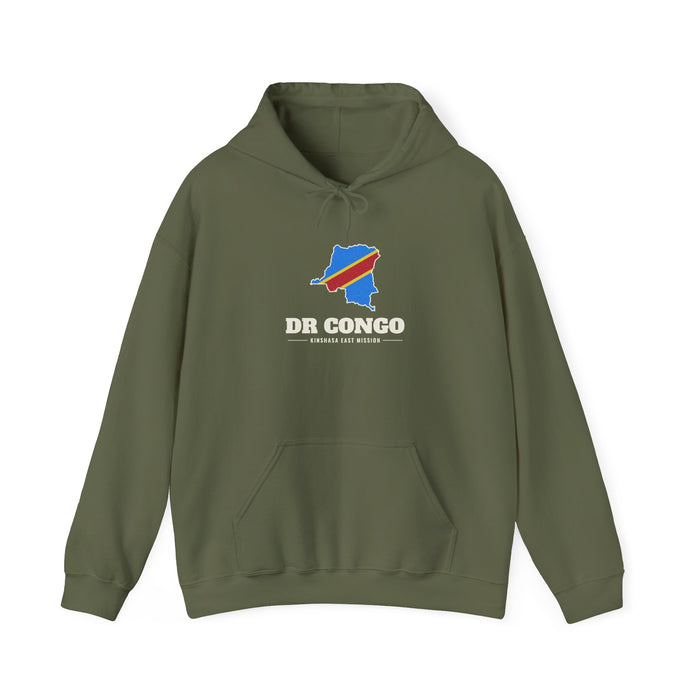 Democratic Republic of the Congo Kinshasa East Mission Flag Map Hoodie in Military Green, front view with the flag map and mission name