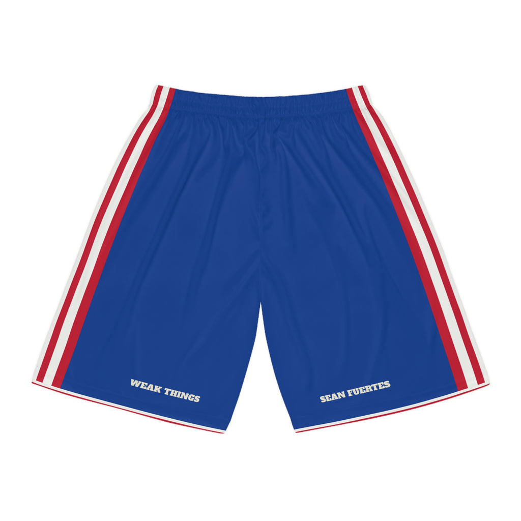 Paraguay Asuncion East Mission Basketball Shorts, back view with WEAK THINGS and SEAN FUERTES on the legs