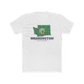 Washington Seattle Mission Flag Map shirt in White: Washington state flag in the outline of Washington with navy lettering, front view