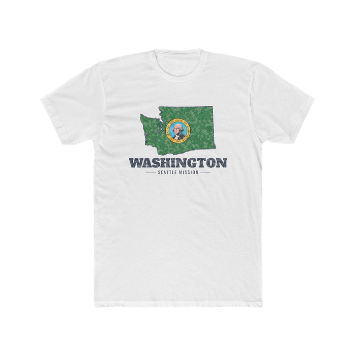 Washington Seattle Mission Flag Map shirt in White: Washington state flag in the outline of Washington with navy lettering, front view