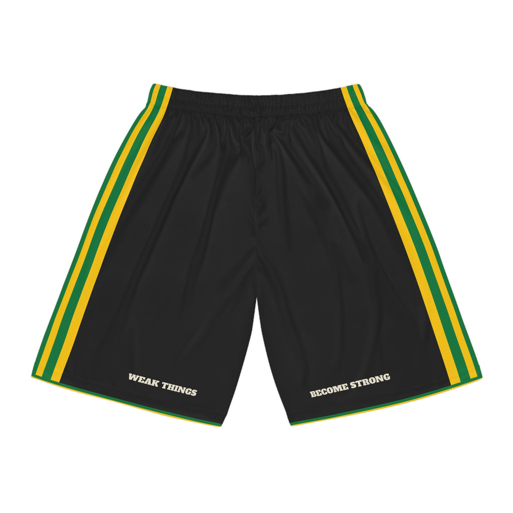 Jamaica Kingston Mission Basketball Shorts, back view with WEAK THINGS and BECOME STRONG on the legs