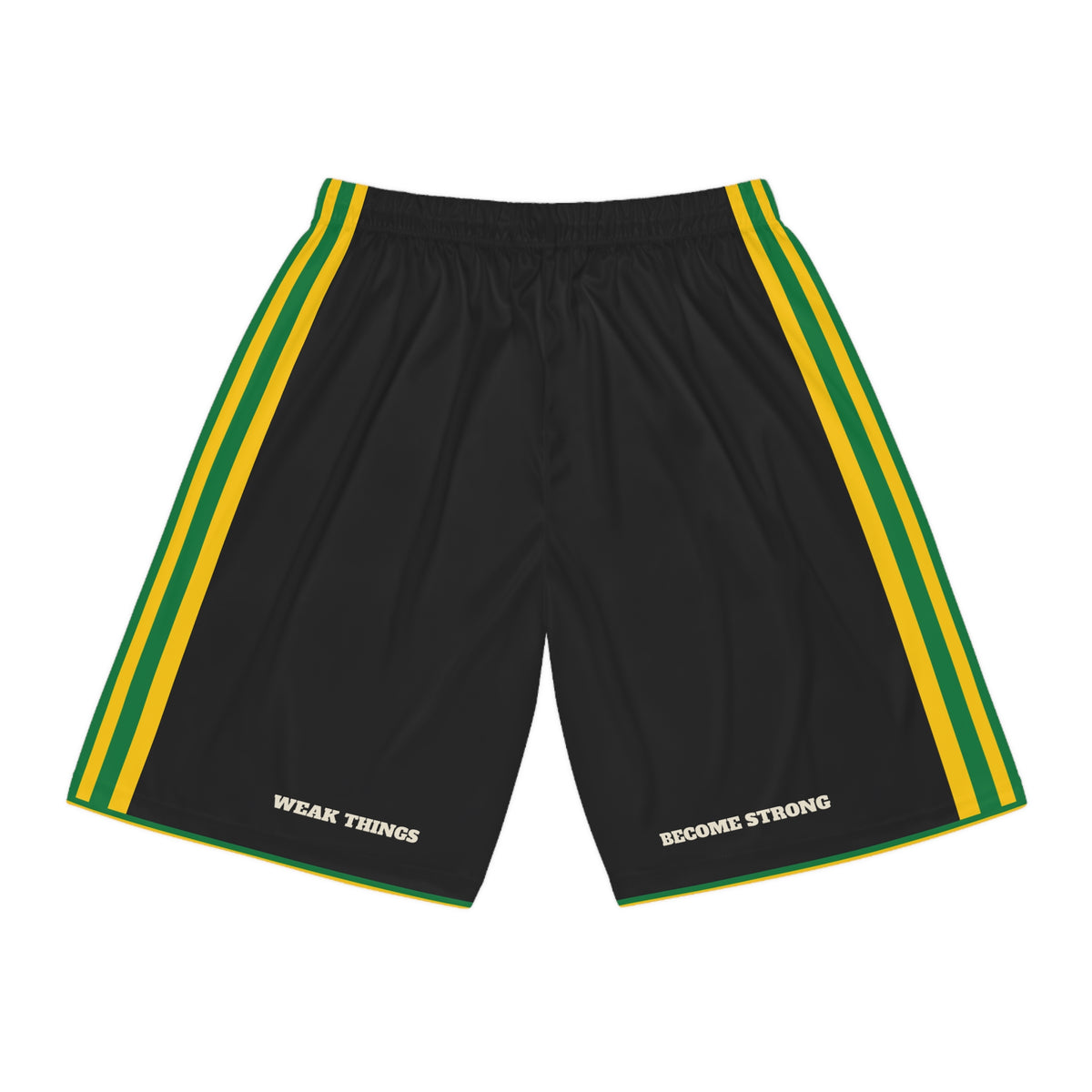 Jamaica Kingston Mission Basketball Shorts, back view with WEAK THINGS and BECOME STRONG on the legs