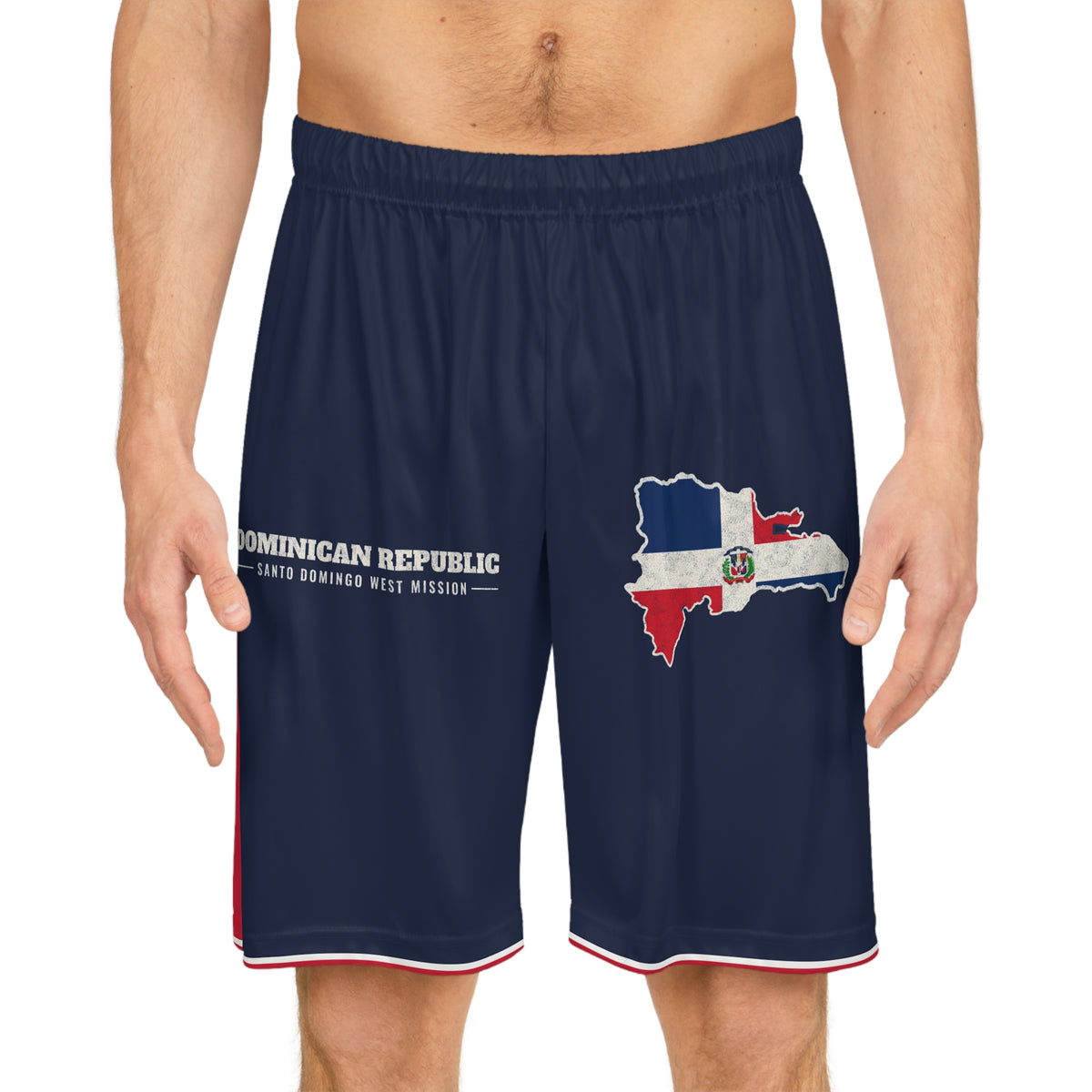 Dominican Republic Santo Domingo West Mission Basketball Shorts, worn, front view