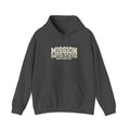 Iowa Iowa City Mission Hoodie in Dark Heather, front view with the varsity mission design