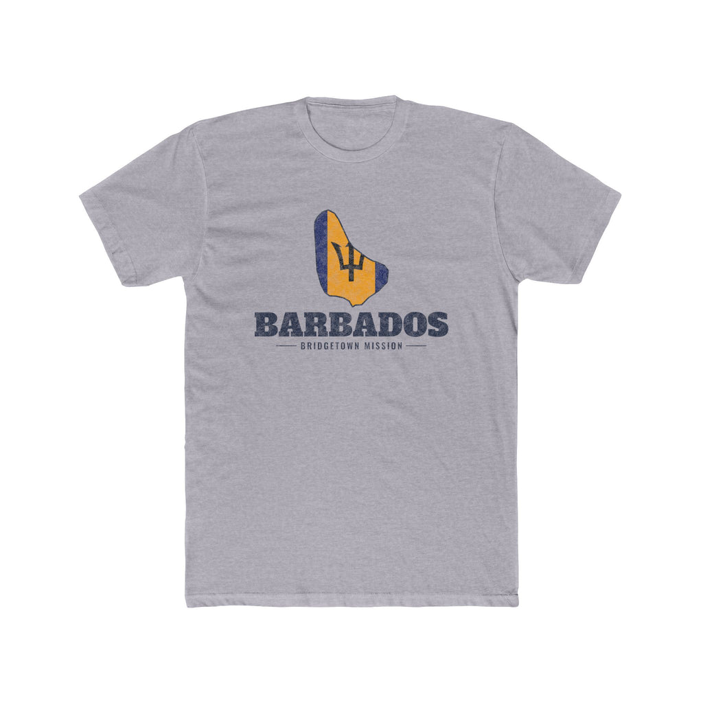 Barbados Bridgetown Mission Flag Map shirt in Heather Grey: flag of Barbados in the outline of Barbados with navy lettering, front view