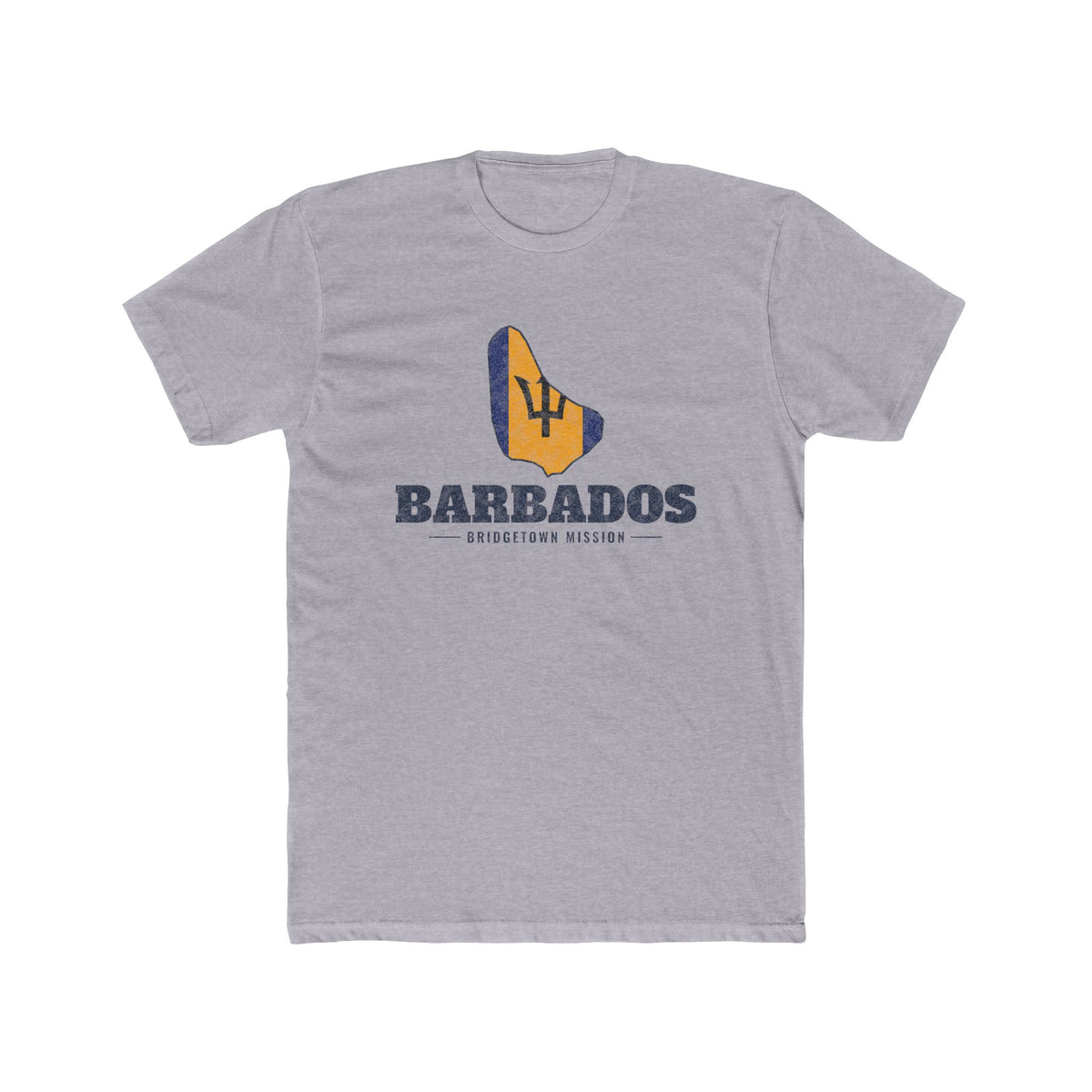 Barbados Bridgetown Mission Flag Map shirt in Heather Grey: flag of Barbados in the outline of Barbados with navy lettering, front view