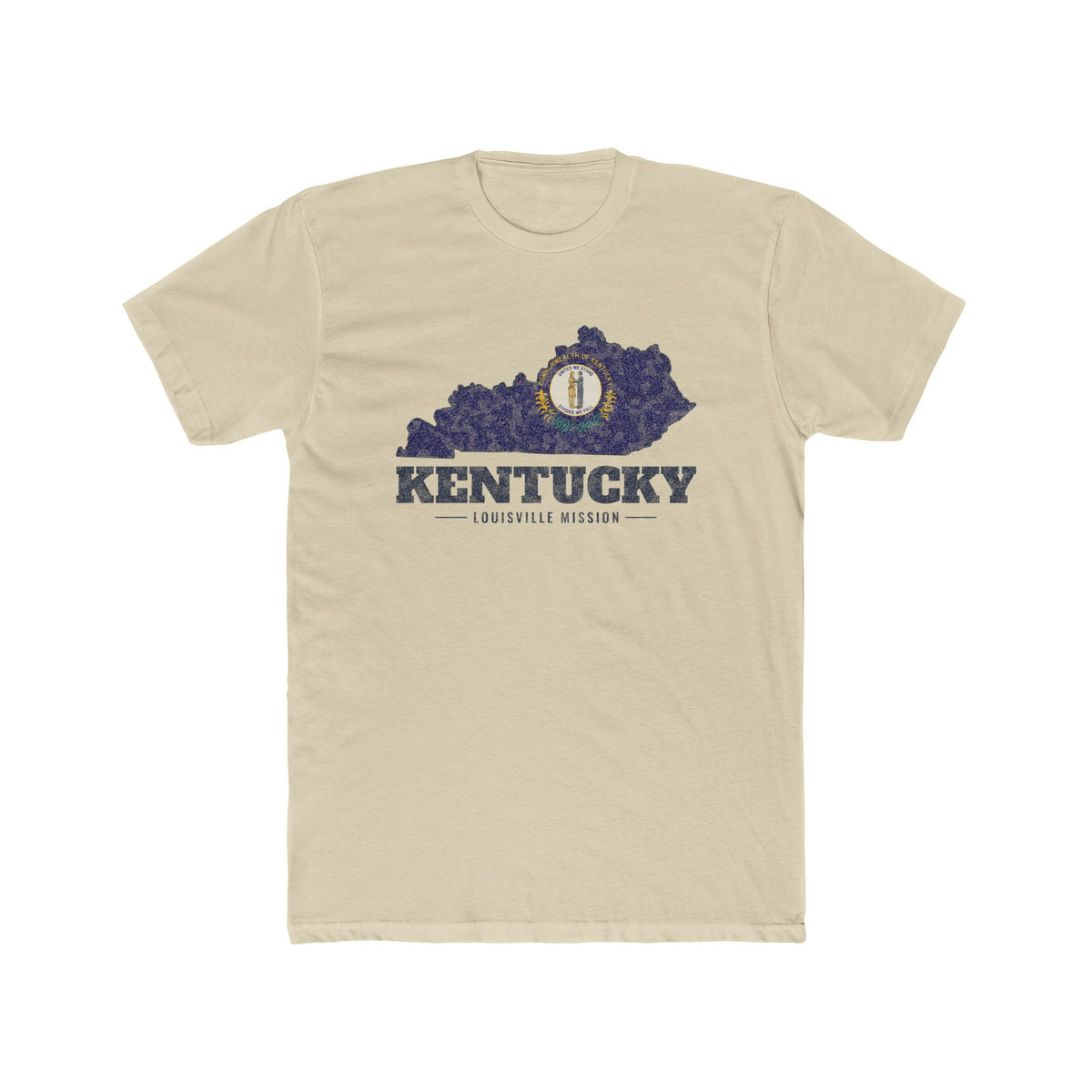 Kentucky Louisville Mission Flag Map shirt in Cream: Kentucky state flag in the outline of Kentucky with navy lettering, front view