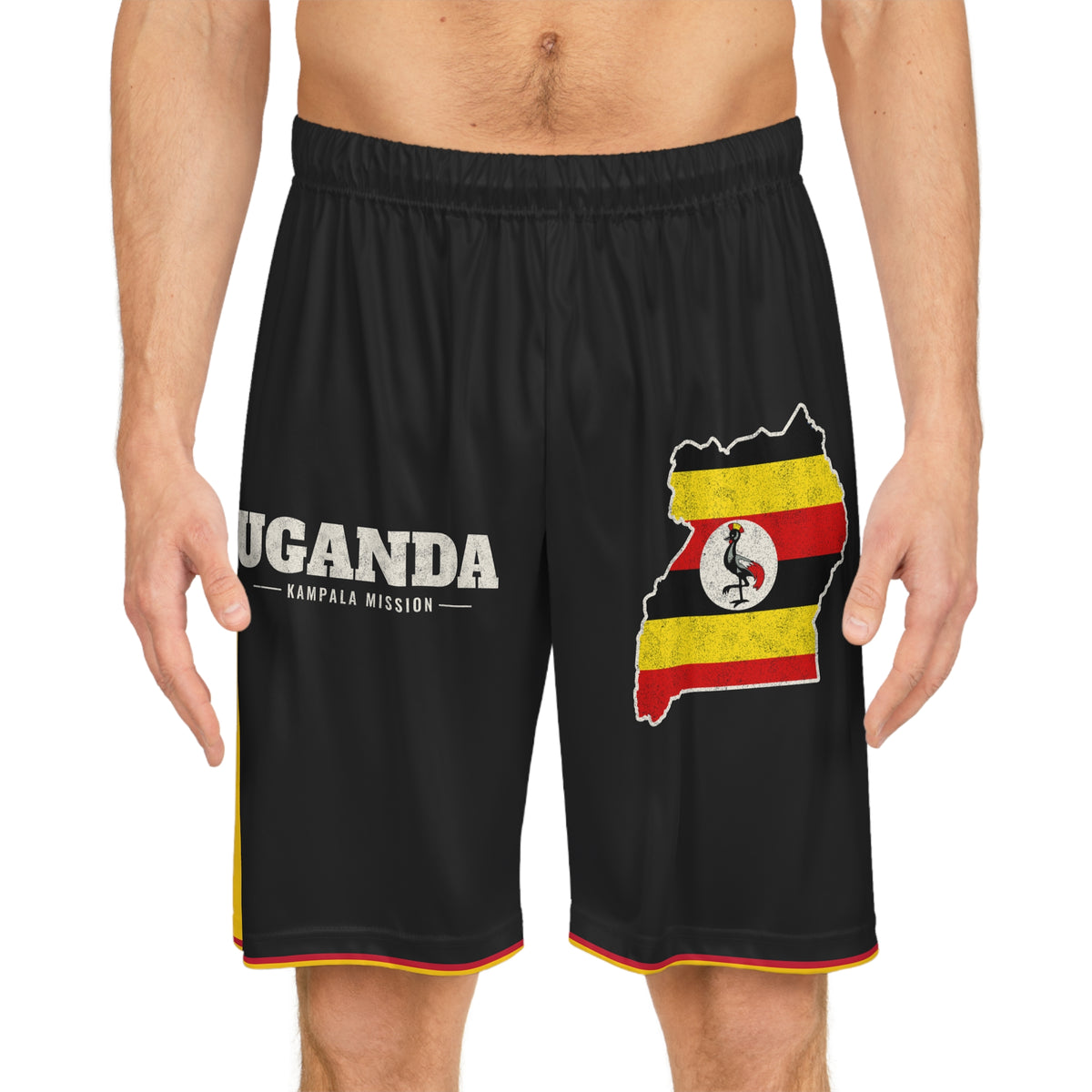 Uganda Kampala Mission Basketball Shorts, worn, front view