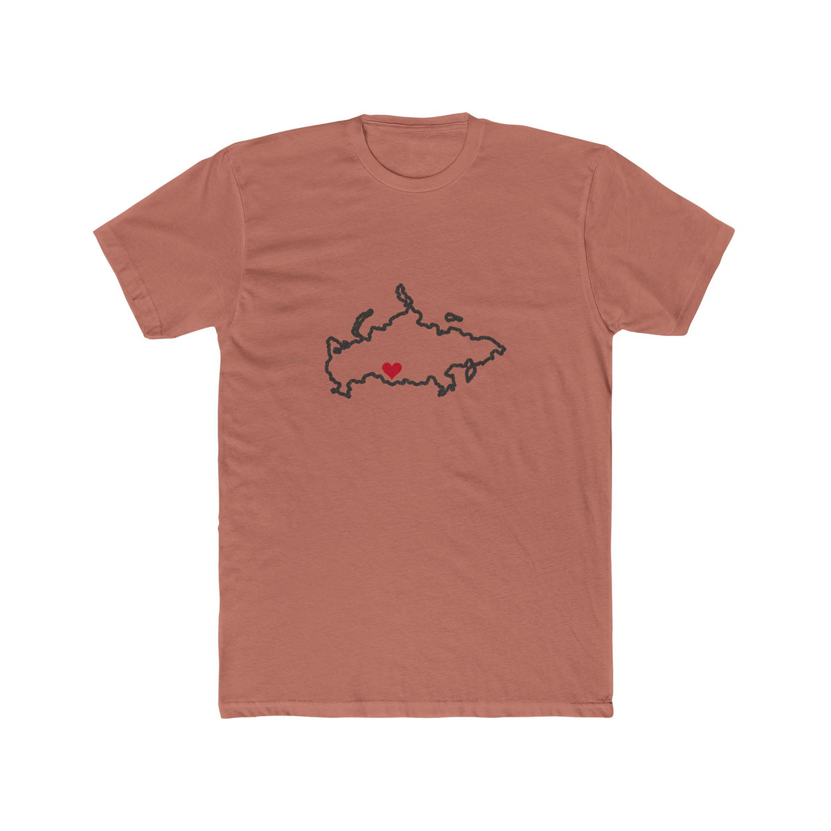 Russia Novosibirsk Mission Heart Map shirt in Desert Pink: Russia outline with a red heart, front view