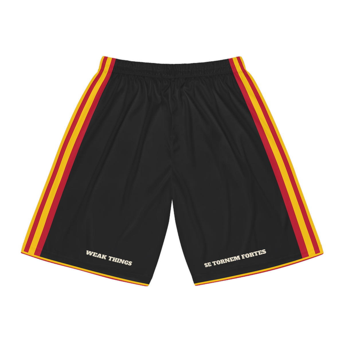 Angola Luanda Mission Basketball Shorts, back view with WEAK THINGS and SE TORNEM FORTES on the legs