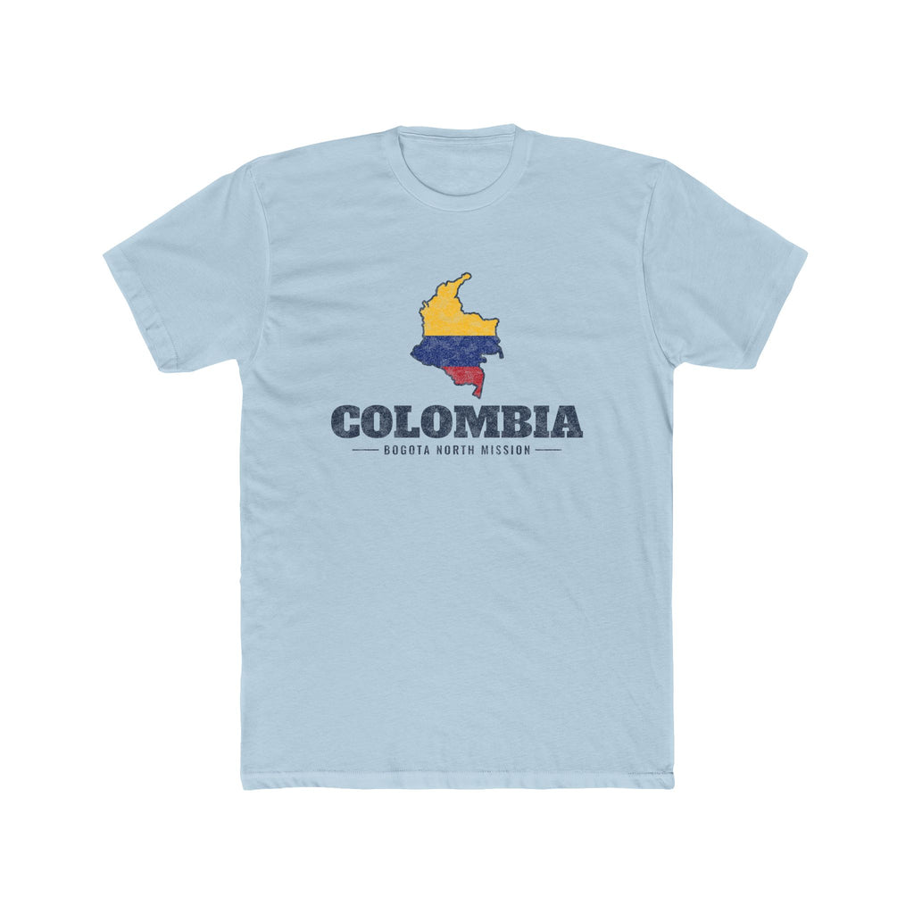 Colombia Bogota North Mission Flag Map shirt in Desert Pink: flag of Colombia in the outline of Colombia with navy lettering, front view