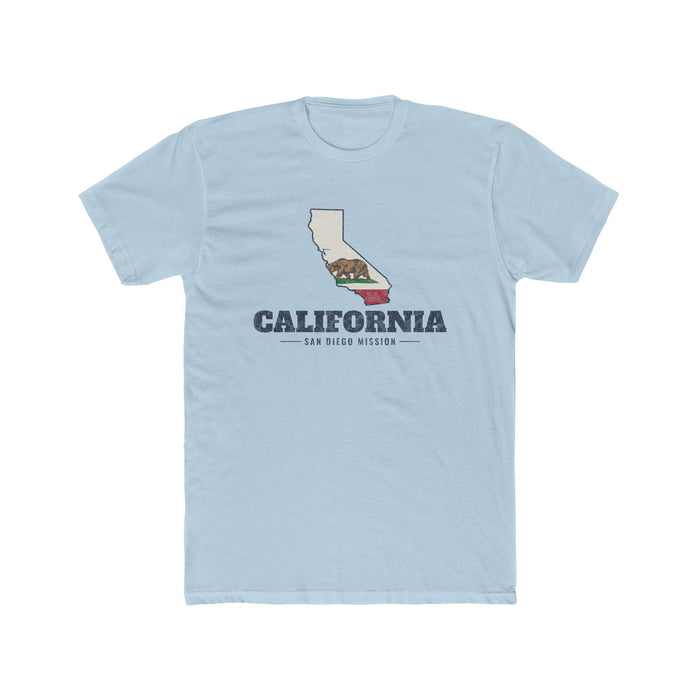 California San Diego Mission Flag Map shirt in Light Blue: California state flag in the outline of California with navy lettering, front view