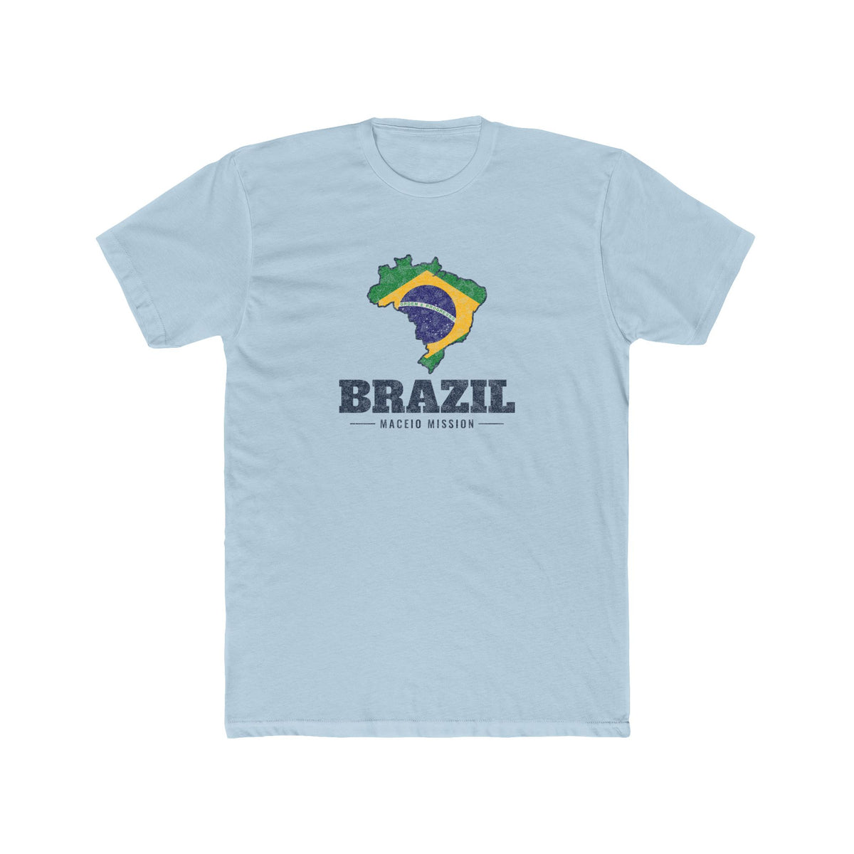 Brazil Maceio Mission Flag Map shirt in Desert Pink: flag of Brazil in the outline of Brazil with navy lettering, front view