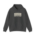 Pennsylvania Pittsburgh Mission Hoodie in Dark Heather, front view with the varsity mission design