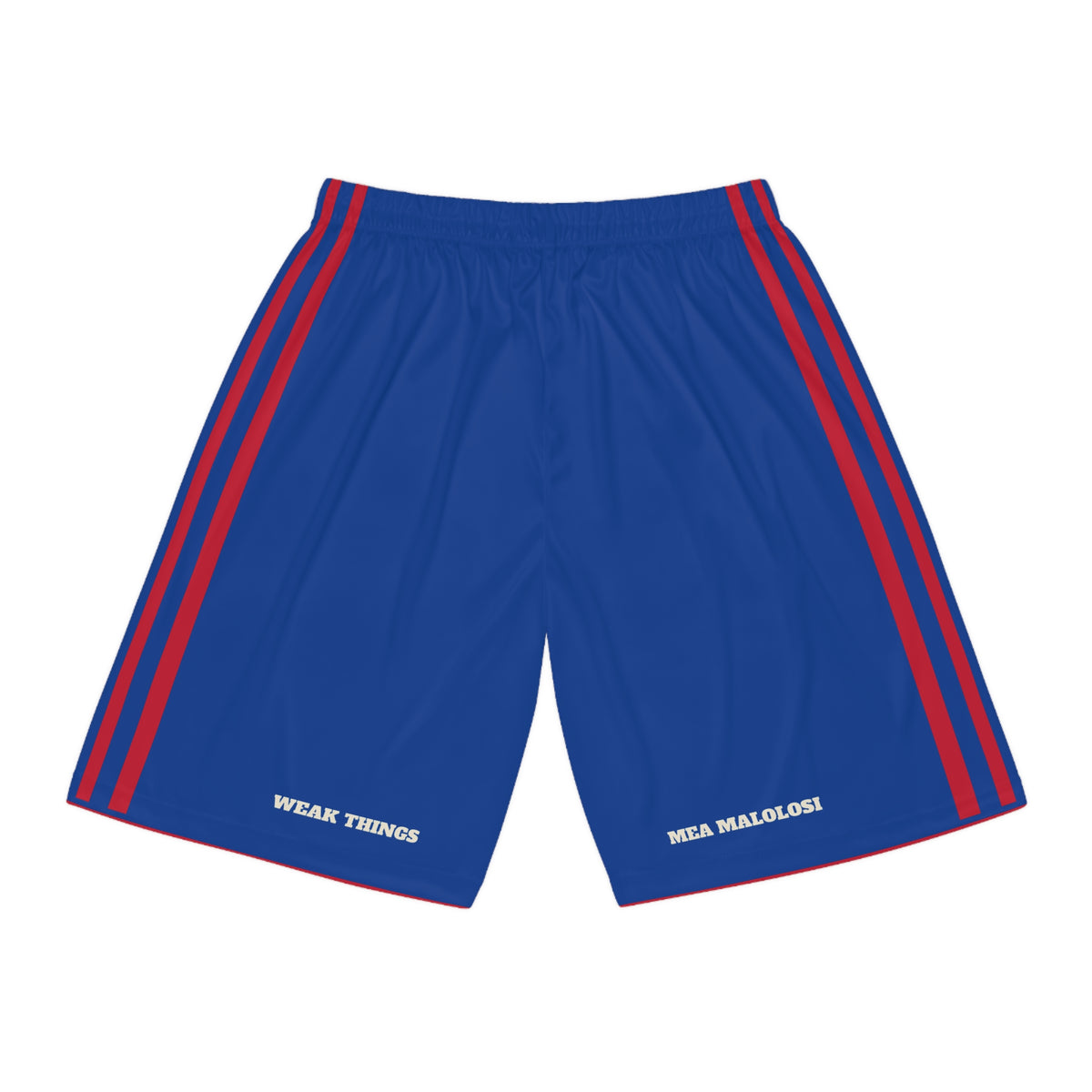 Samoa Apia East Mission Basketball Shorts, back view with WEAK THINGS and MEA MALOLOSI on the legs