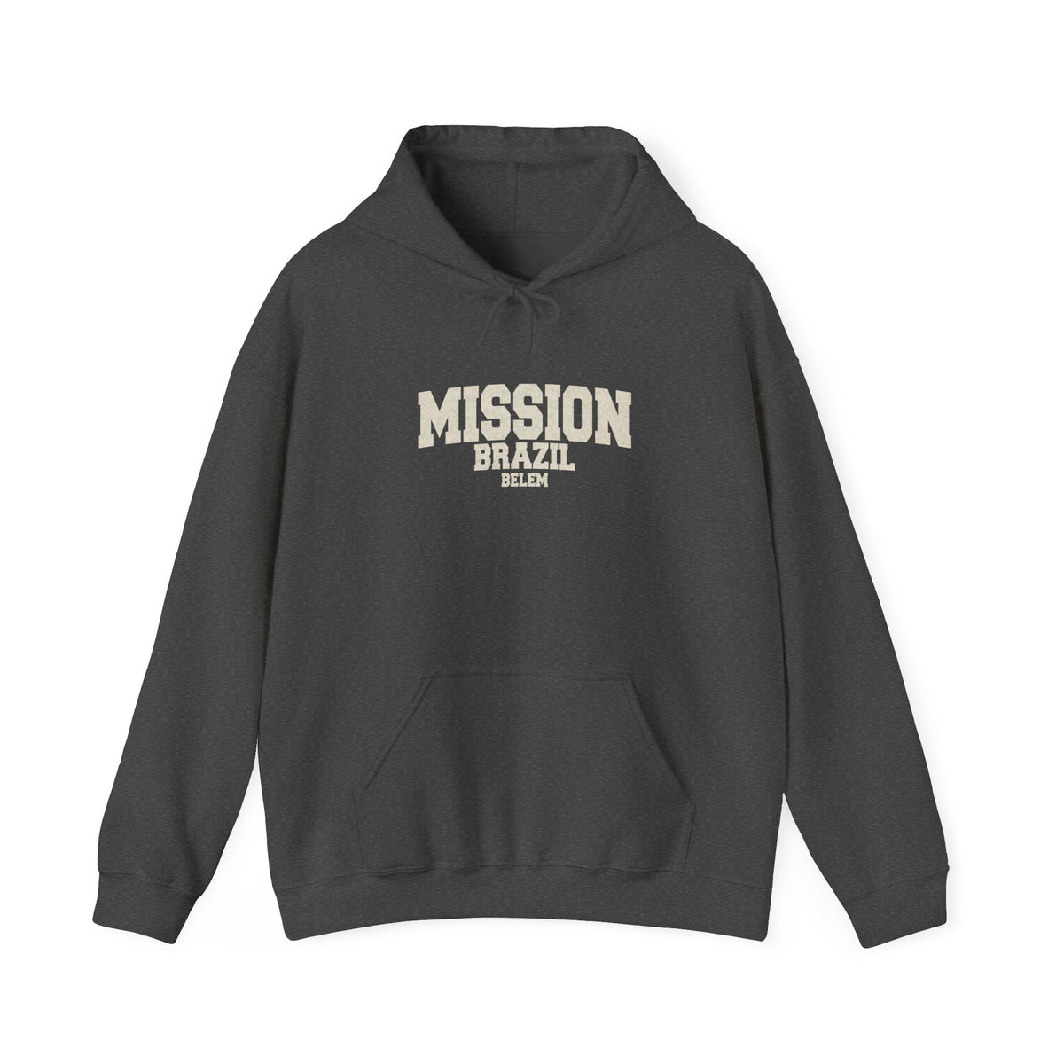 Brazil Belem Mission Hoodie in Dark Heather, front view with the varsity mission design