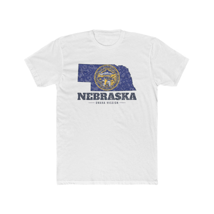 Nebraska Omaha Mission Flag Map shirt in White: Nebraska state flag in the outline of Nebraska with navy lettering, front view