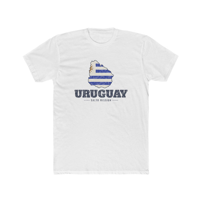 Uruguay Salto Mission Flag Map shirt in White: flag of Uruguay in the outline of Uruguay with navy lettering, front view