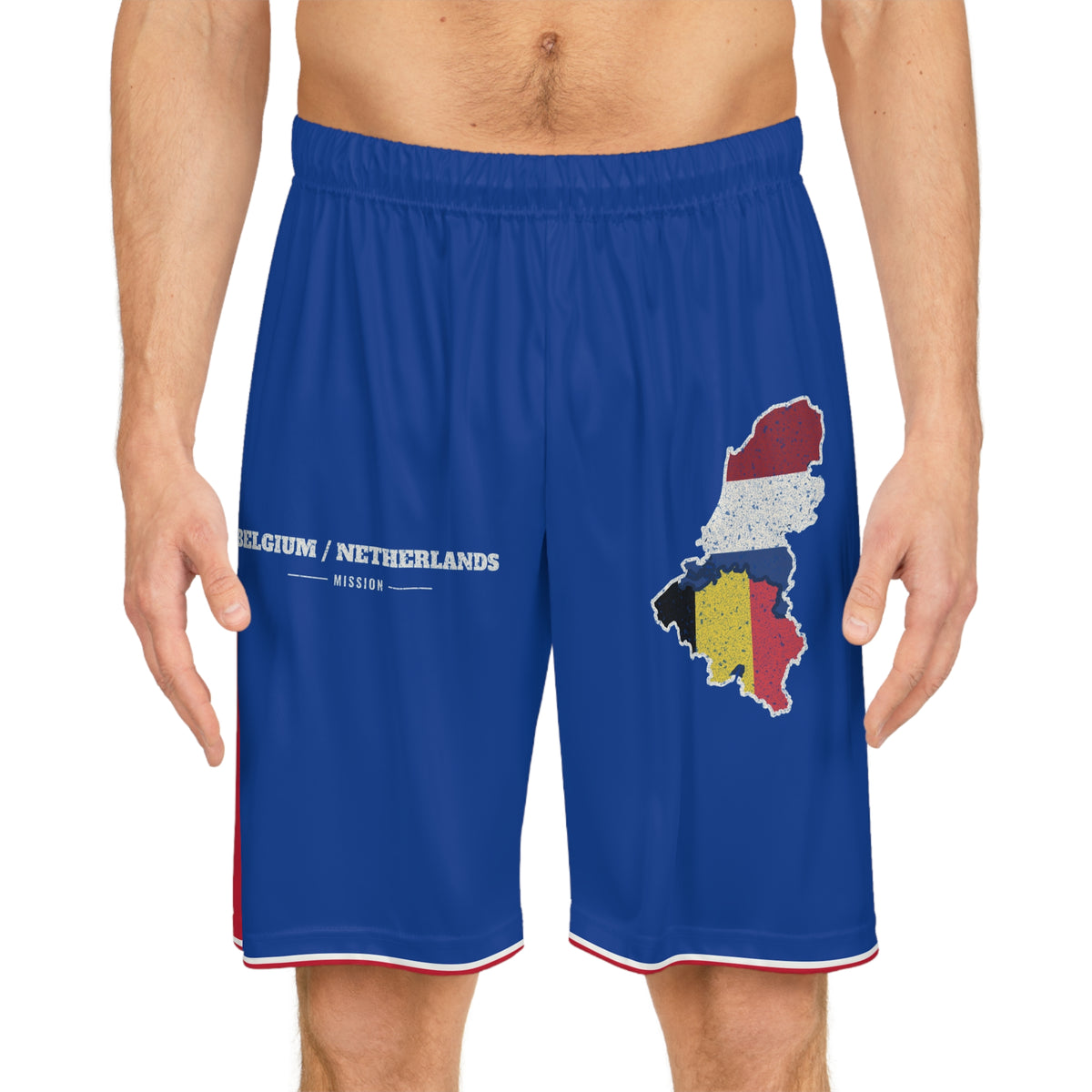 Belgium/Netherlands Mission Basketball Shorts, worn, front view