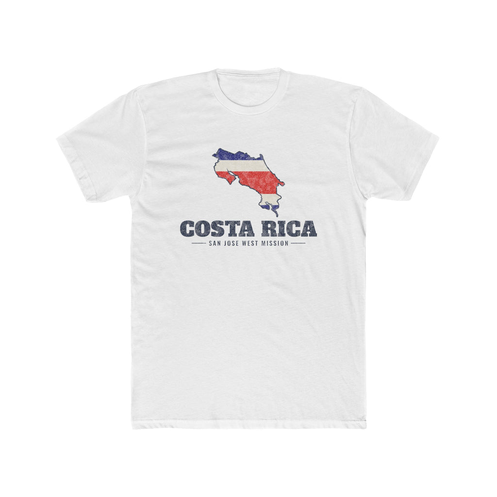 Costa Rica San Jose West Mission Flag Map shirt in White: flag of Costa Rica in the outline of Costa Rica with navy lettering, front view