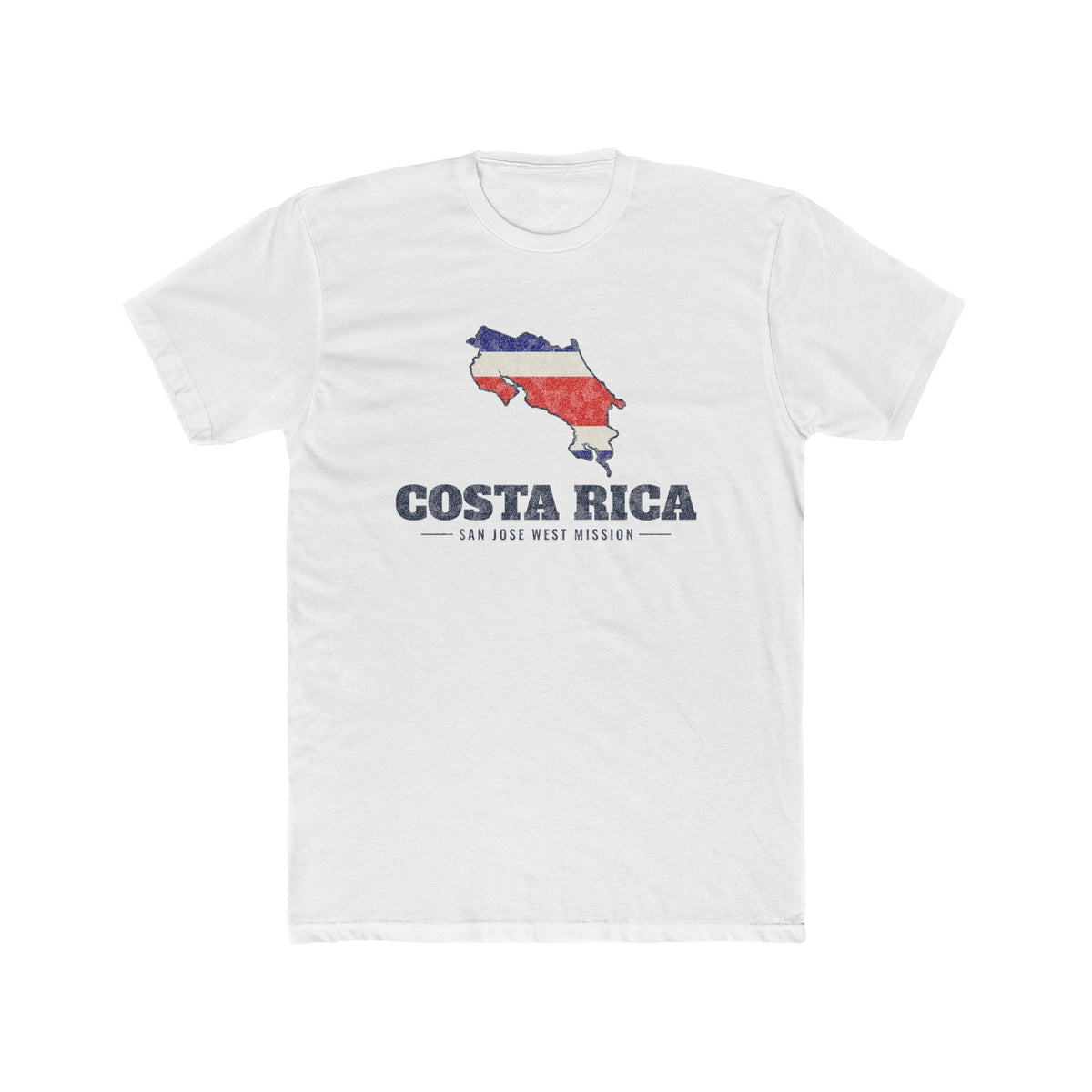 Costa Rica San Jose West Mission Flag Map shirt in White: flag of Costa Rica in the outline of Costa Rica with navy lettering, front view