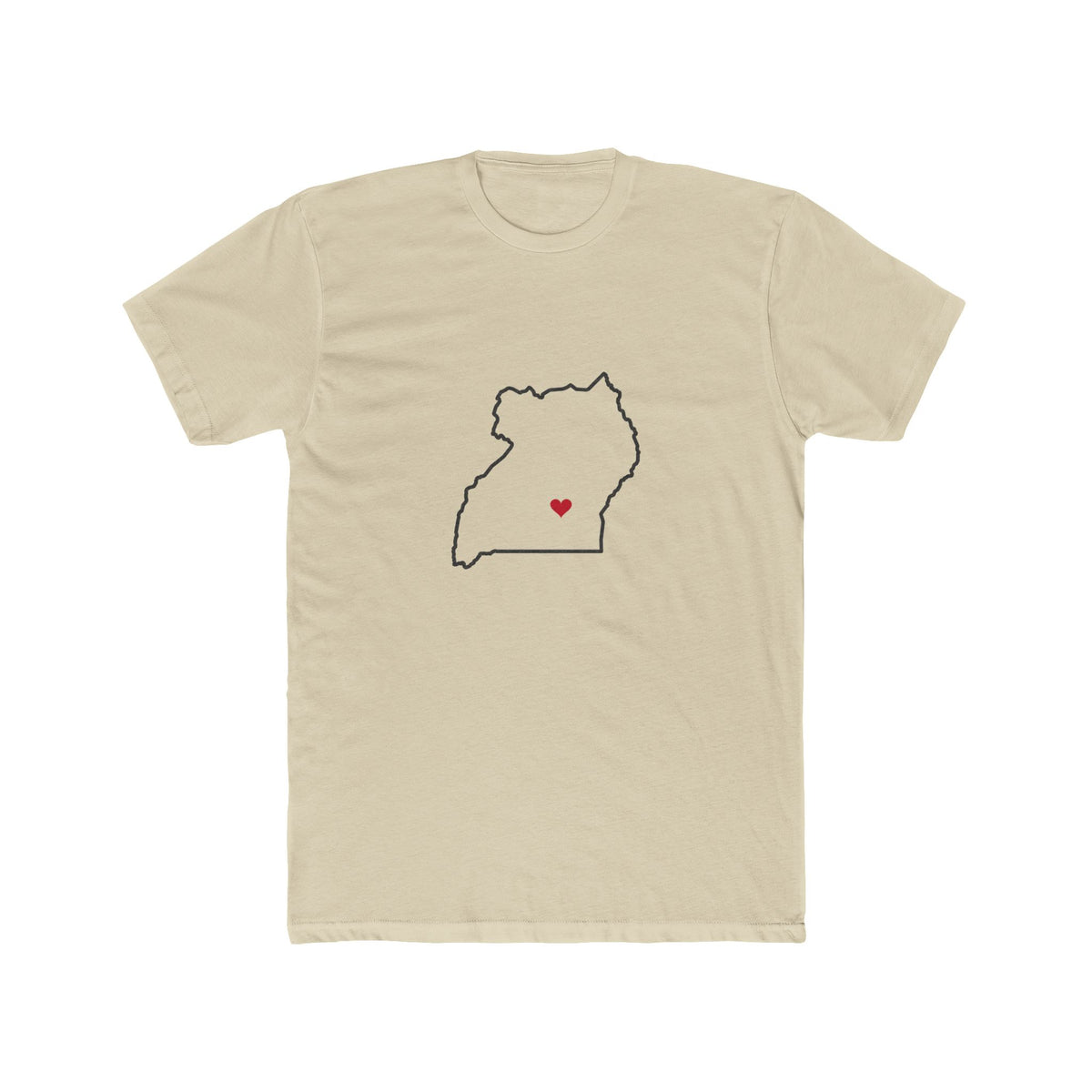 Uganda Kampala East Mission Heart Map shirt in Cream: Uganda outline with a red heart, front view