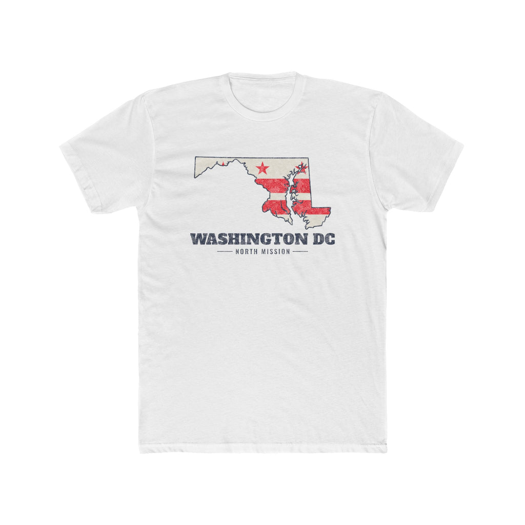 Washington DC North Mission Flag Map shirt in White: flag of Washington, D.C. on a map of the capital region with navy lettering, front view