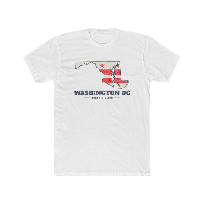 Washington DC North Mission Flag Map shirt in White: flag of Washington, D.C. on a map of the capital region with navy lettering, front view