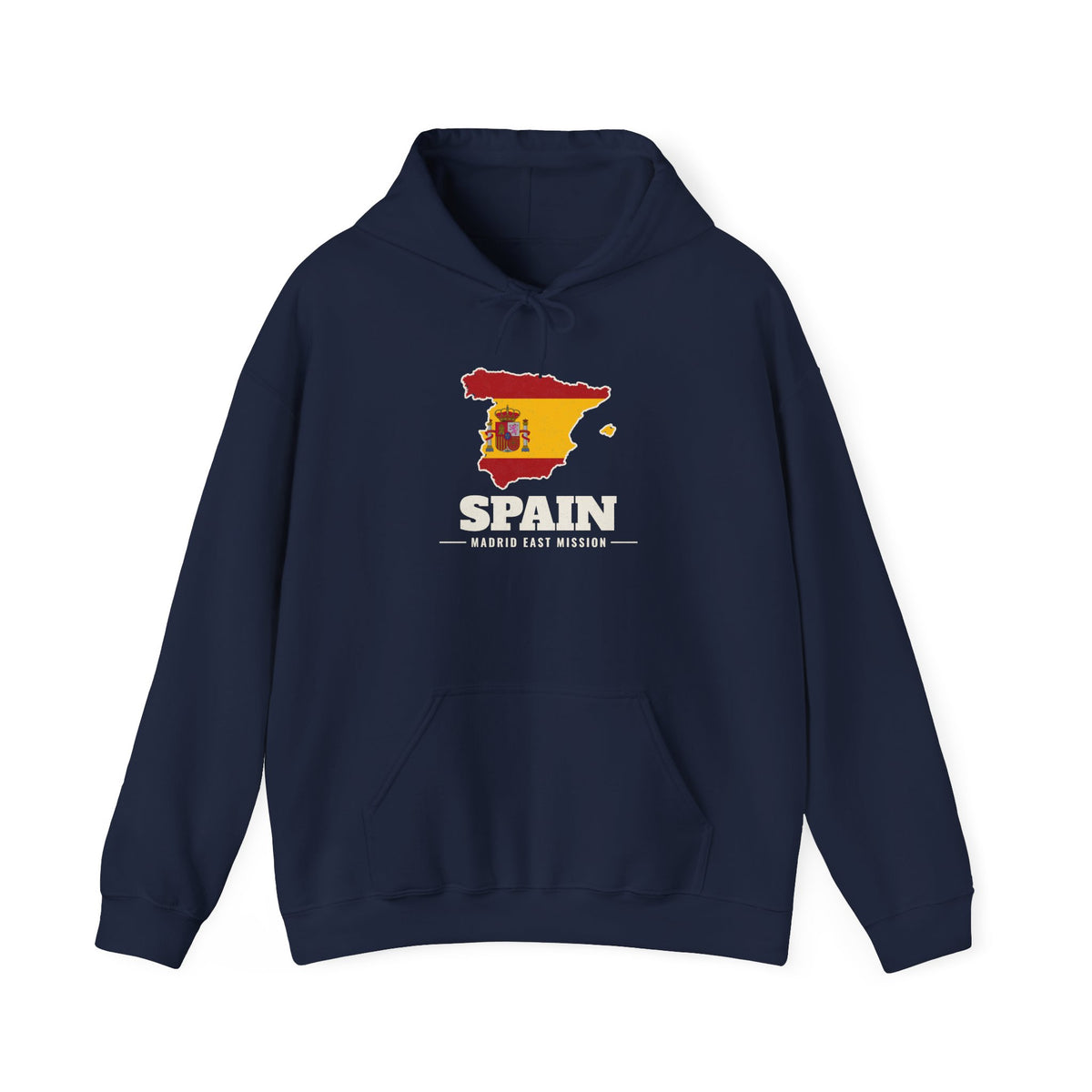 Spain Madrid East Mission Flag Map Hoodie in Navy, front view with the flag map and mission name