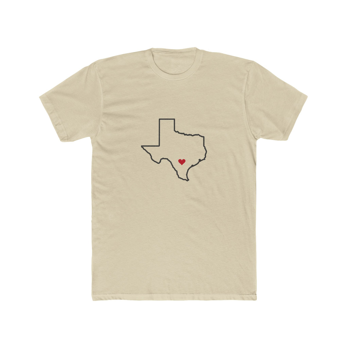 Texas San Antonio South Mission Heart Map shirt in a mission shirt color: Texas outline with a red heart, front view