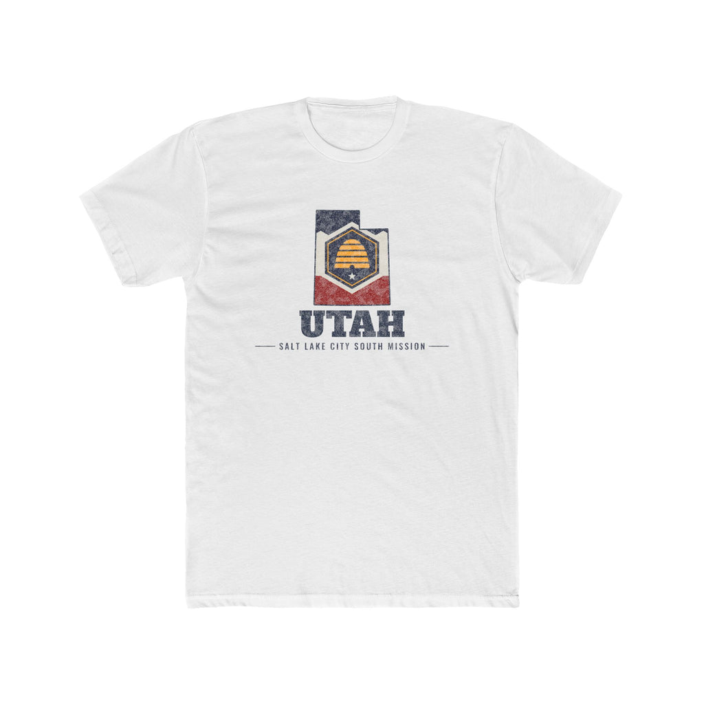 Utah Salt Lake City South Mission Flag Map shirt in White: Utah state flag in the outline of Utah with navy lettering, front view
