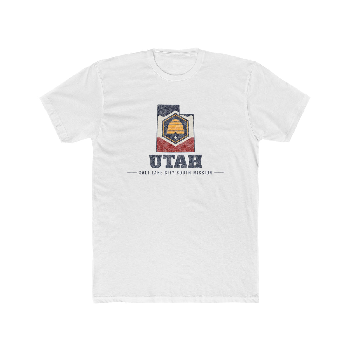 Utah Salt Lake City South Mission Flag Map shirt in White: Utah state flag in the outline of Utah with navy lettering, front view