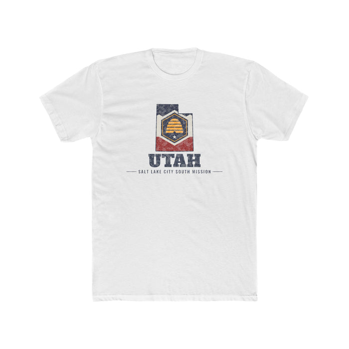 Utah Salt Lake City South Mission Flag Map shirt in White: Utah state flag in the outline of Utah with navy lettering, front view
