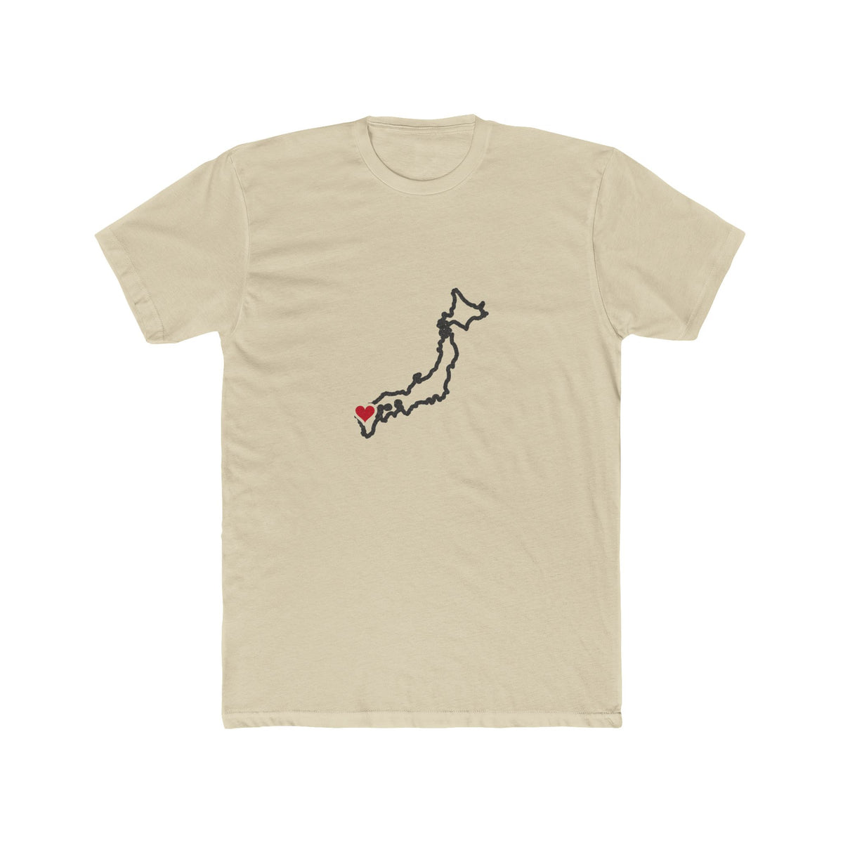 Japan Fukuoka Mission Heart Map shirt in Cream: Japan outline with a red heart, front view