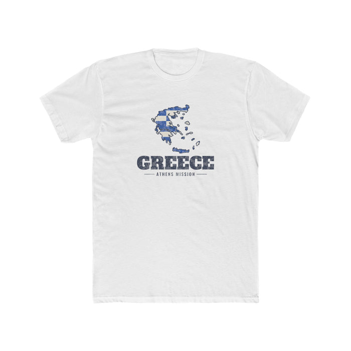 Greece Athens Mission Flag Map shirt in White: flag of Greece in the outline of Greece with navy lettering, front view