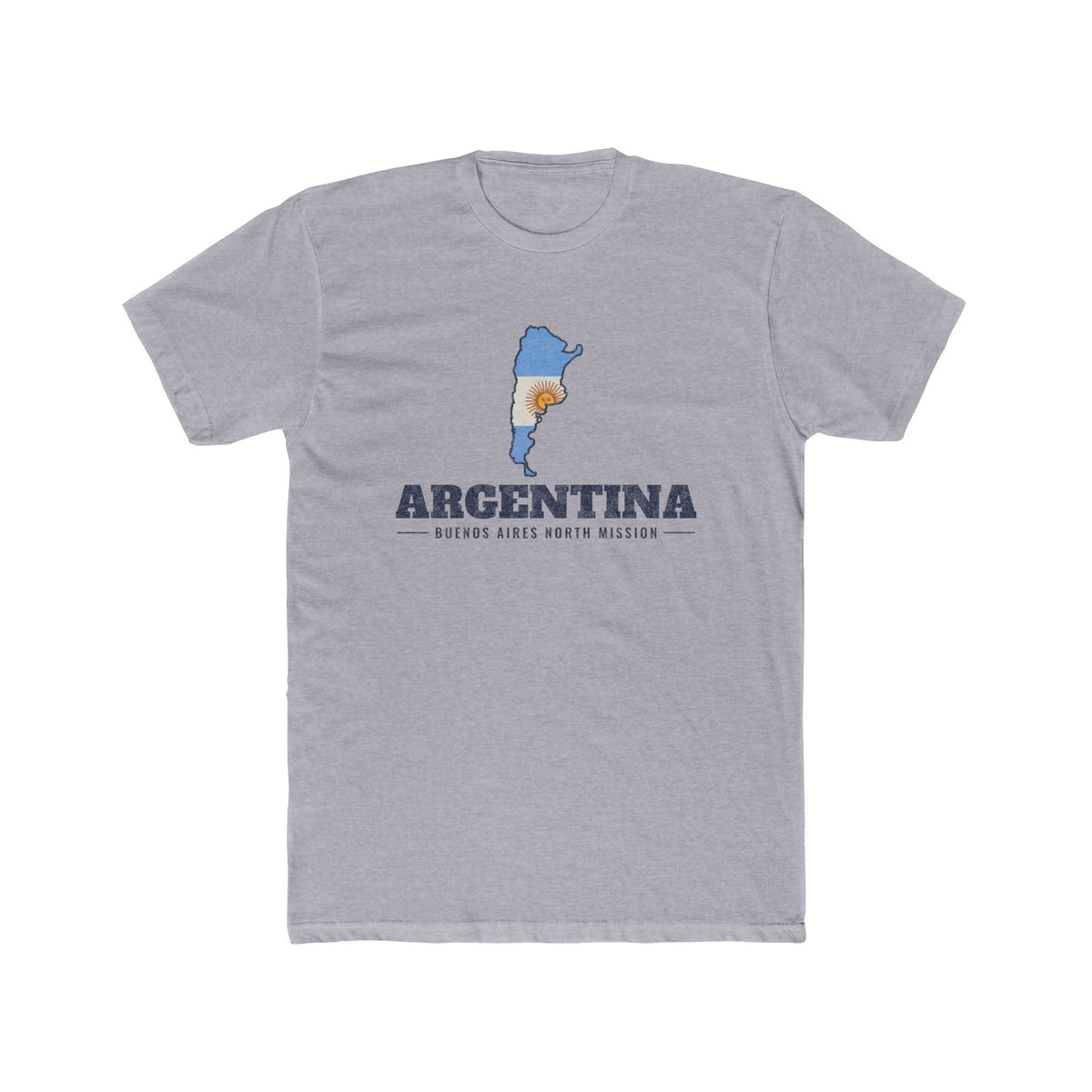 Argentina Buenos Aires North Mission Flag Map shirt in Heather Grey: flag of Argentina in the outline of Argentina with navy lettering, front view