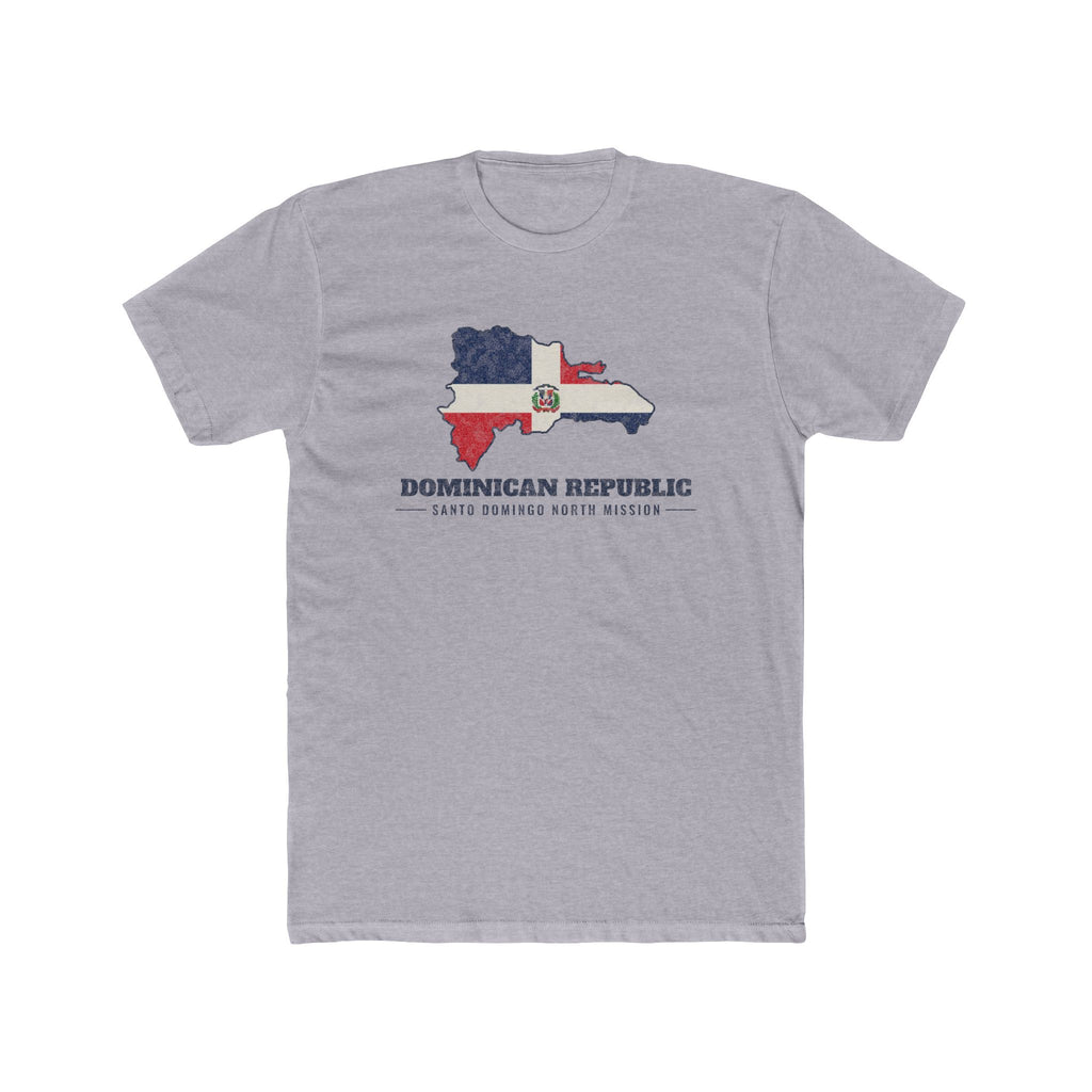 Dominican Republic Santo Domingo North Mission Flag Map shirt in Heather Grey: flag of the Dominican Republic in the outline of the Dominican Republic with navy lettering, front view