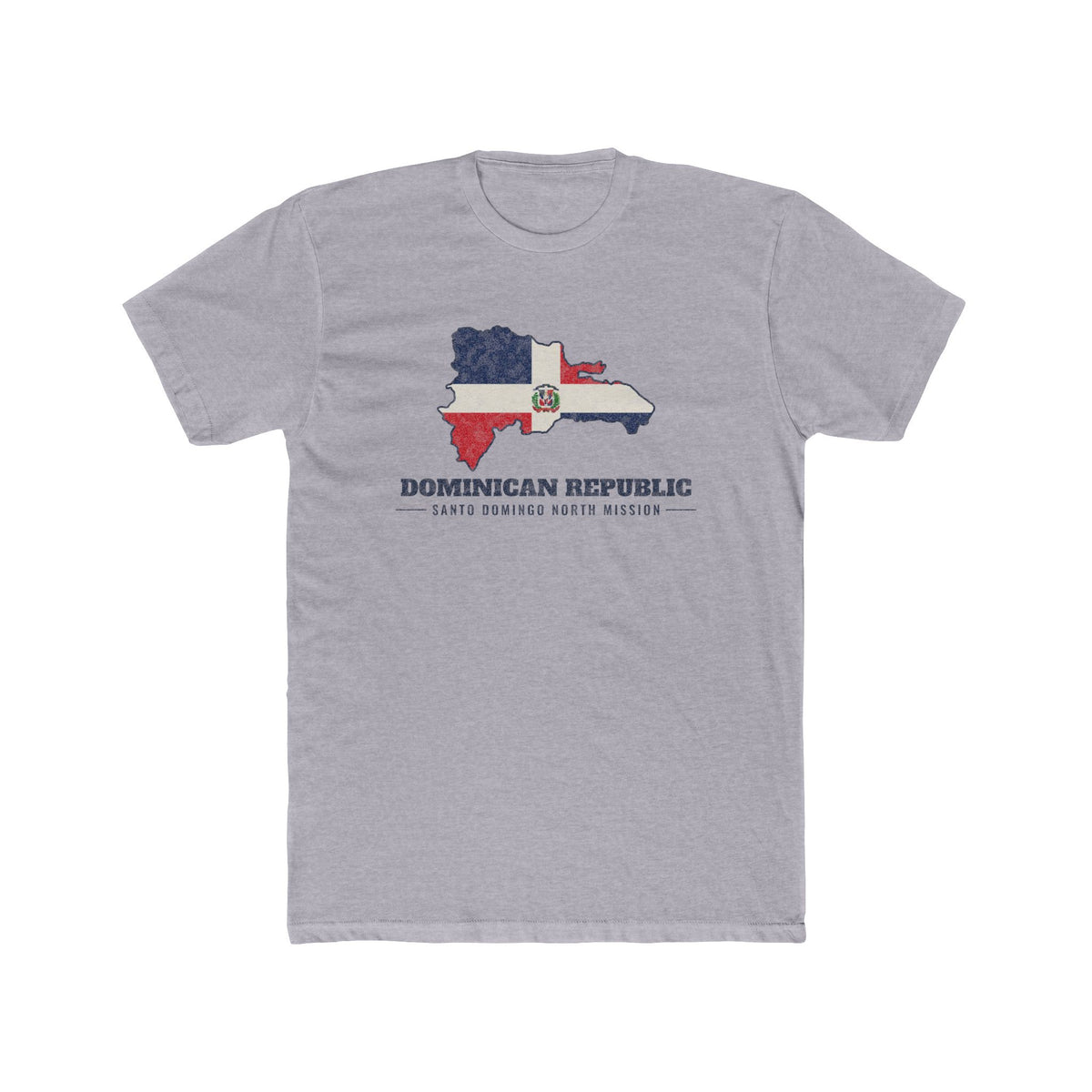 Dominican Republic Santo Domingo North Mission Flag Map shirt in Heather Grey: flag of the Dominican Republic in the outline of the Dominican Republic with navy lettering, front view
