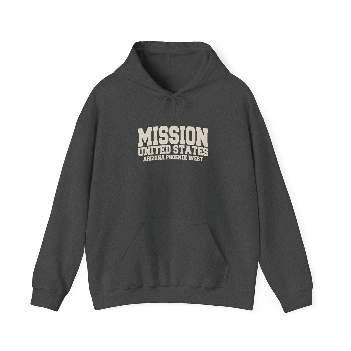 Arizona Phoenix West Mission Hoodie in Dark Heather, front view with the varsity mission design