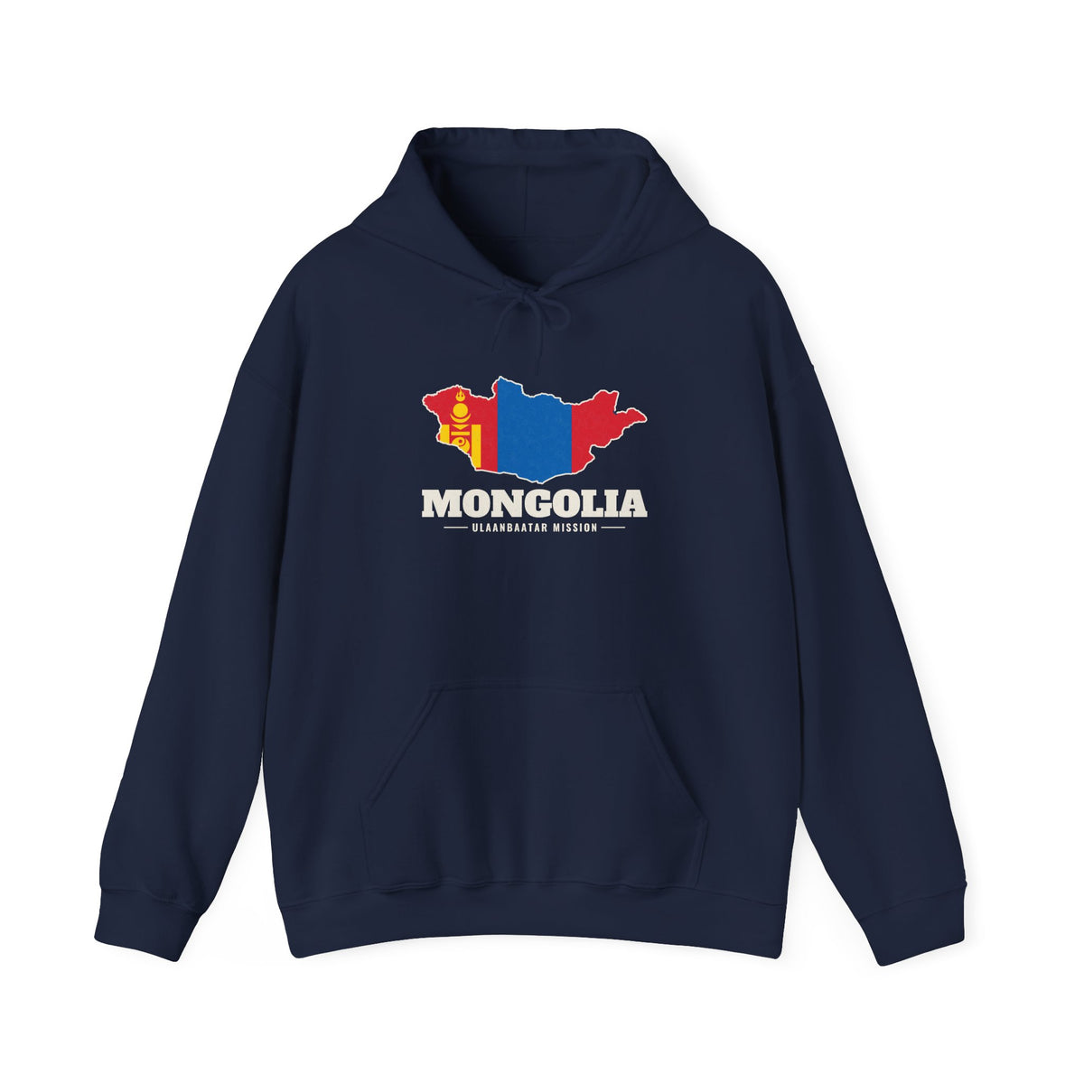 Mongolia Ulaanbaatar Mission Flag Map Hoodie in Navy, front view with the flag map and mission name