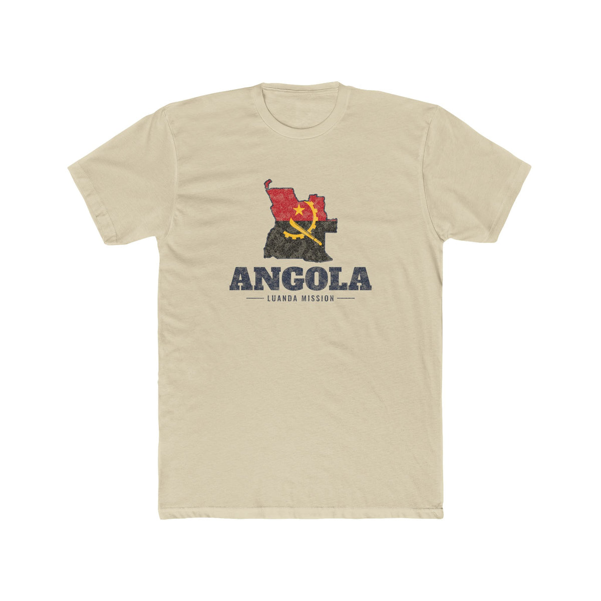 Angola Luanda Mission Flag Map shirt in Cream: flag of Angola in the outline of Angola with navy lettering, front view