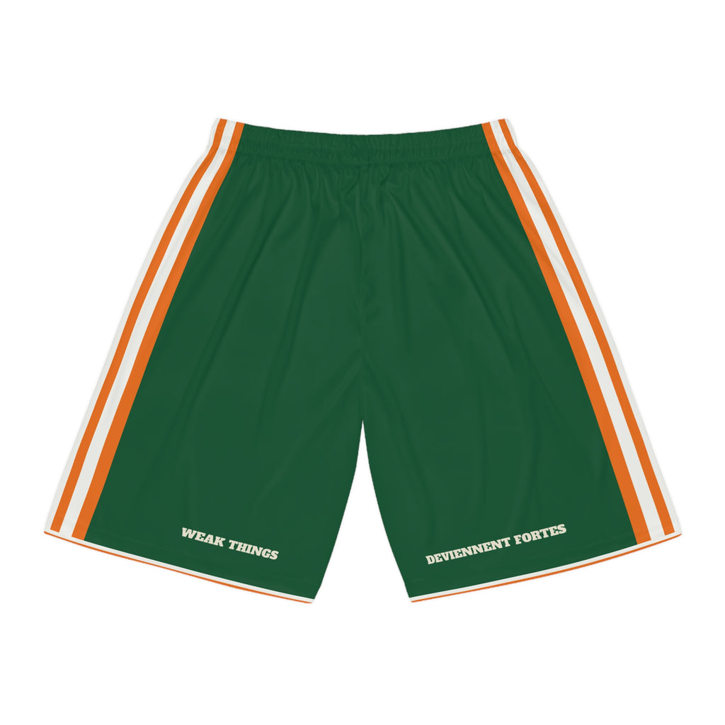 Cote d'Ivoire Daloa Mission Basketball Shorts, back view with WEAK THINGS and DEVIENNENT FORTES on the legs