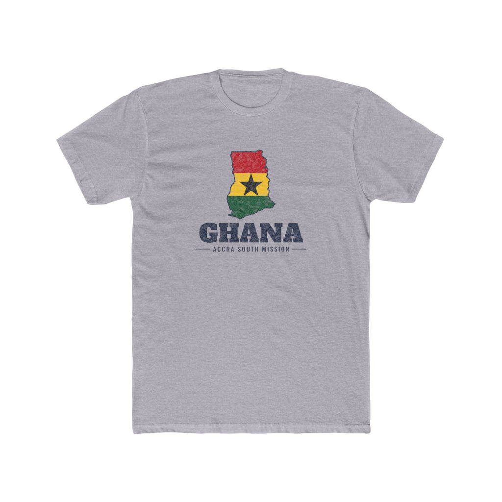 Ghana Accra South Mission Flag Map shirt in Heather Grey: flag of Ghana in the outline of Ghana with navy lettering, front view