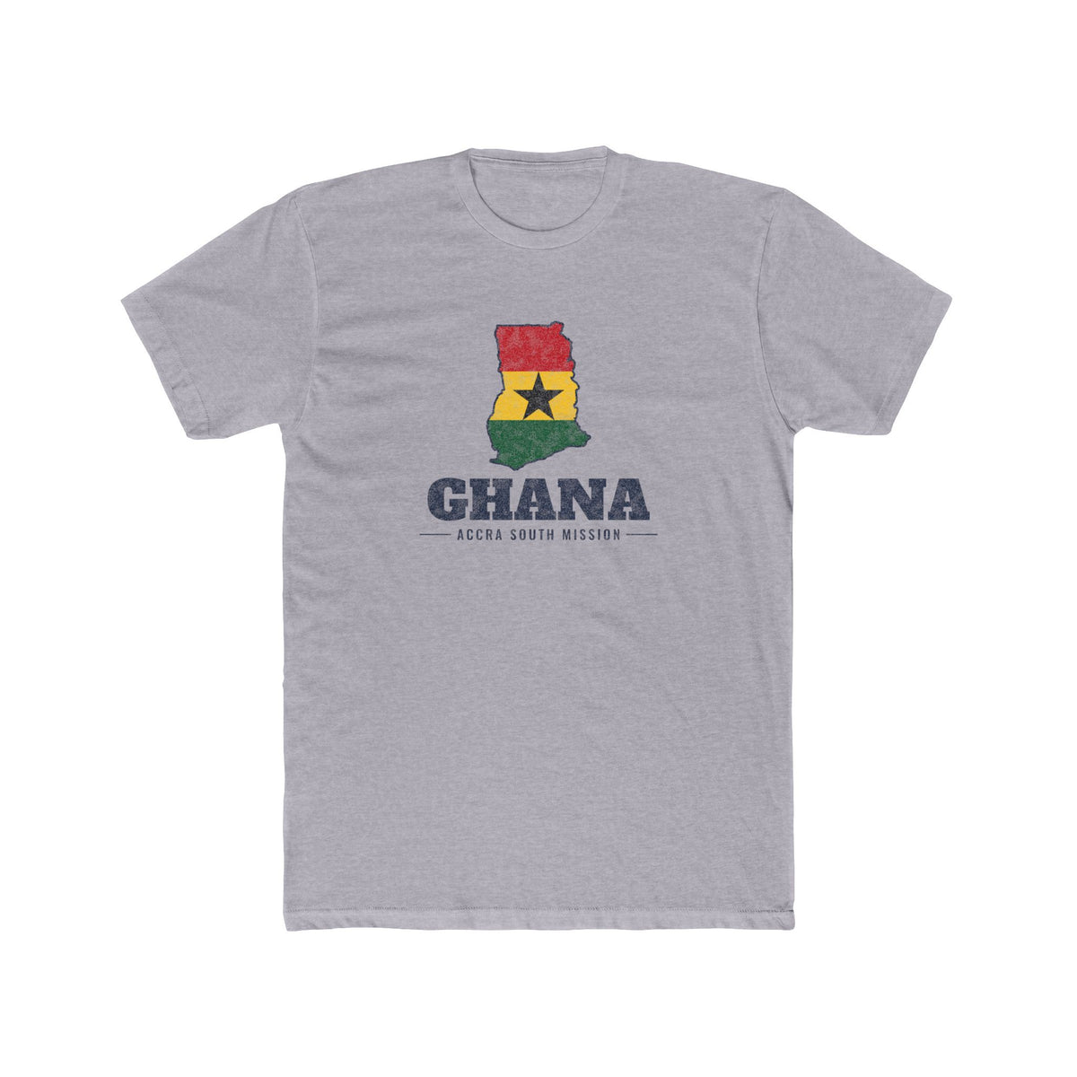 Ghana Accra South Mission Flag Map shirt in Heather Grey: flag of Ghana in the outline of Ghana with navy lettering, front view