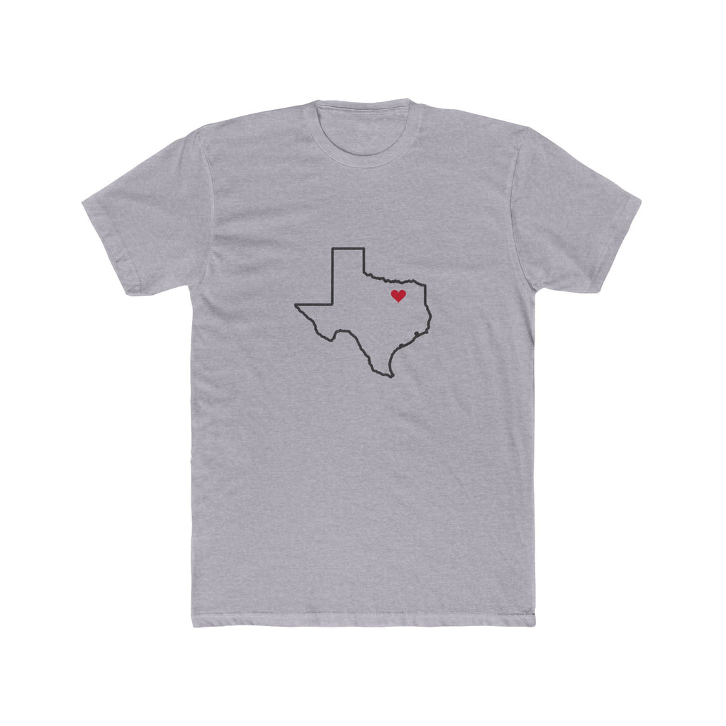 Texas Dallas East Mission Heart Map shirt in Heather Grey: Texas outline with a red heart, front view