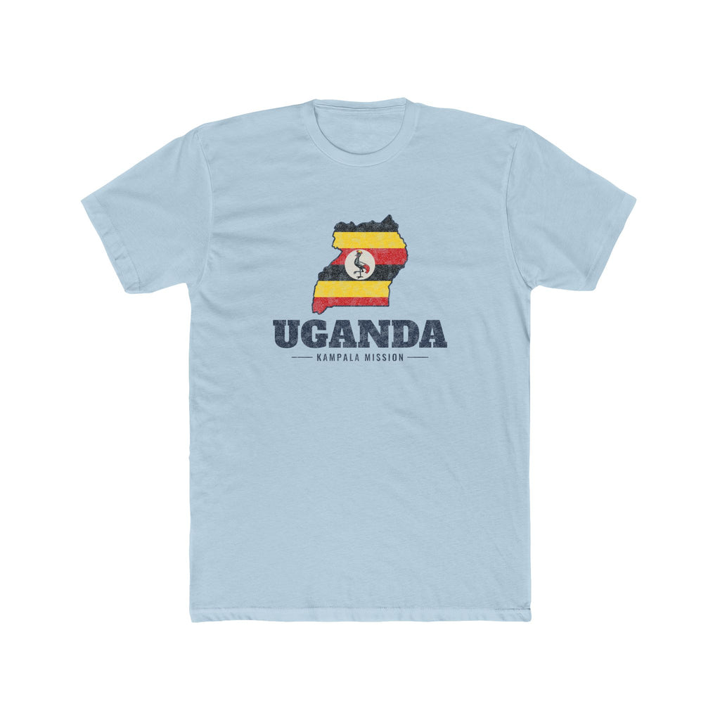 Uganda Kampala Mission Flag Map shirt in Desert Pink: flag of Uganda in the outline of Uganda with navy lettering, front view